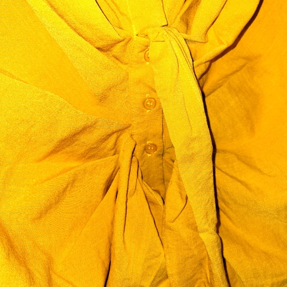 Yellow Tie Front Button Up Collared Deep V-Neck Long Sleeve sgirt by Eloquii - Picture 3 of 5